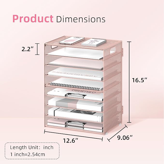 DALTACK 9-Tier Paper Organizer for Desk, Mesh Letter Tray Desk Organizer with Handles, Space-Saving File Organizer for Office Home School, Pink
