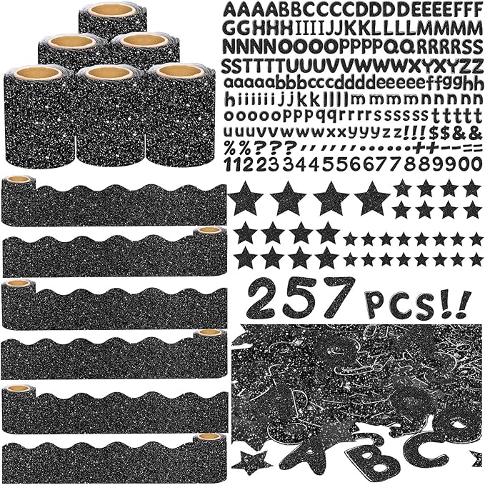 Kosiz Black Glitter Bulletin Board Decoration Set 118 ft Scalloped Winter Bulletin Board Borders Classroom Poster Border Trim with 257 Pcs Letter Number Symbol Cutout for School Christmas Decor