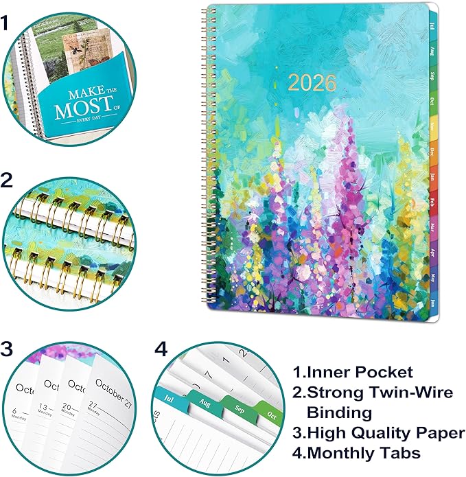 Planner 2026-2027 - Academic Planner 2026-2027, July 2026 - June 2027, 9" x 11", Weekly and Monthly Planner, Calendar Planner 2026-27 with Colourful Tabs & Pocket, Flexible Cover, Twin-Wire Binding- Oil Painting