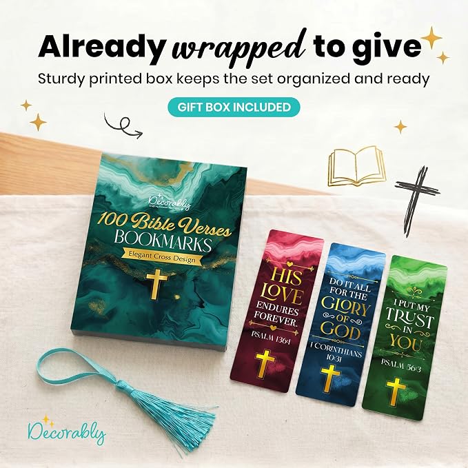 Decorably 100 Pack 2x6in Gold Foil Bible Bookmark with Religious Verses Set - 50 Inspirational Double-Sided Designs with Elegant Cross for Women & Men, Journals, Easter Gift, Church & Office Supplies