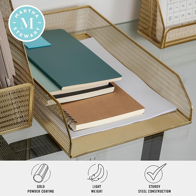 Martha Stewart Ryder 2 Pack Gold Mesh Metal Paper Letter Inbox Tray Desktop Organizer