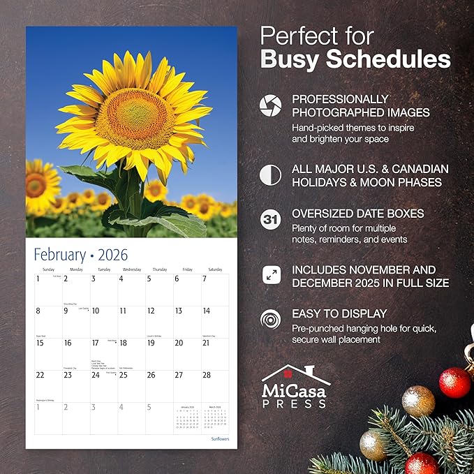 MICASA PRESS Sunflowers 2026 Wall Calendar 12 Month | 12" x 24" Open | Thick & Sturdy Paper | Giftable | Nature Calendar 2026