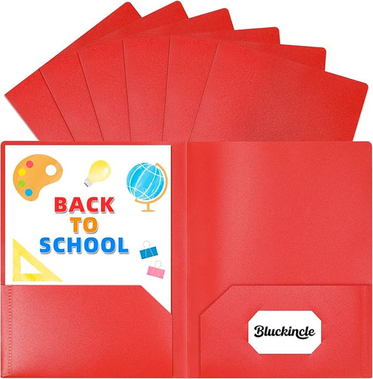 6 Pack Folders with Pockets Red, 2 Pocket Plastic Folder with Pockets for School File Folder for Documents Letter Size with Business Card Slot Back to School Office Teacher Supplies