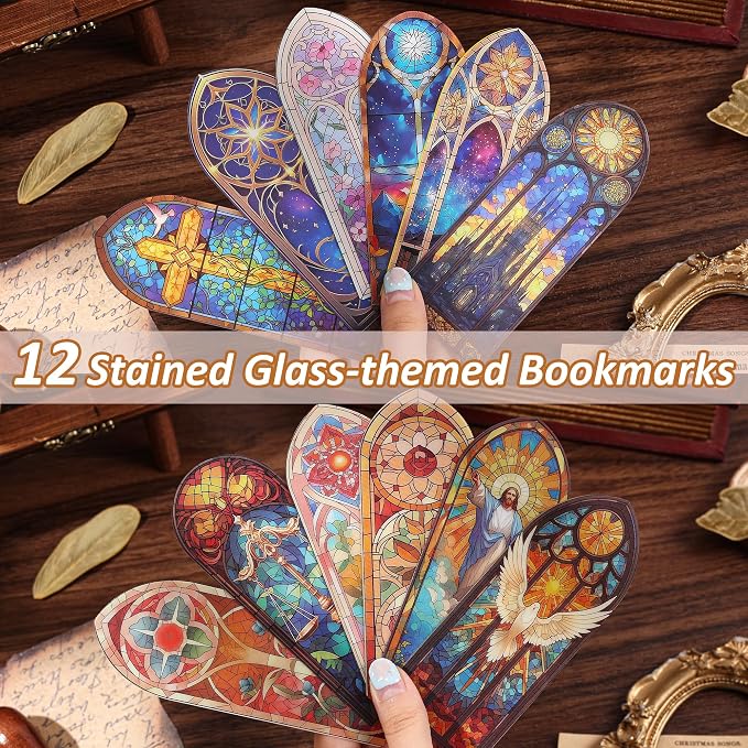 12 PCS Stained Glass Theme PET Bookmarks for Women, Lightweight Church Window Bookmark Set Artistic Book Mark for Girls, Readers, Teenage, Christmas New Year Gift Birthday Present for Book Lovers