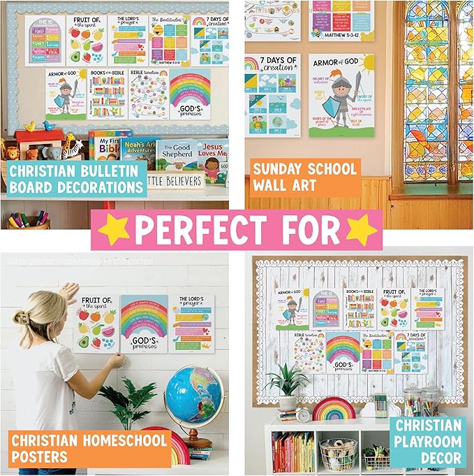 Hadley Designs Sunday School Decorations for Classroom –9 Bible Posters for Kids, Books of the Bible, 10 Commandments, Bible Timeline Chart, Fruits of the Spirit, Rainbow Christian Classroom Decor
