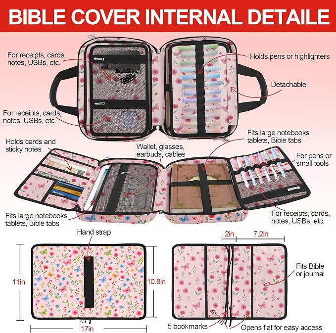 Cute Flower Large Bible Cover Case for Women Girls Organizer, Church Bag Book Carrying Case with Highlighters Shoulder Strap Pens Cross Clip Study Supplies Journaling Kit, Christian Gifts Pink