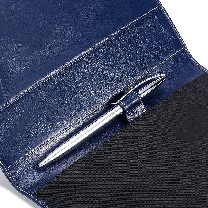 Leather Junior Padfolio for Men & Women with Pen Loop, Italian Calfskin, Business Portfolio Notebook Folder (Antiqued Blue)