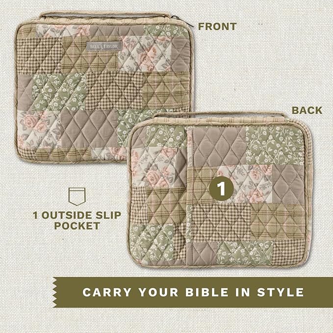 Bella Taylor Quilted Bible Cover for Women - Large Study Bible Case - Cameo Rose Patchwork