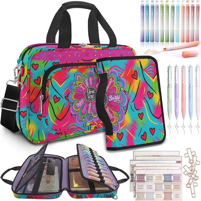 Large Bible Cover for Women,Bible Carrying Case,Bible Bag for Girl Kid,Bible Holder Organizer,With God Says You Are,Bible Study Supplie Kit With Highlighters,Tabs,Pens,Christian Gifts - Tie Dye Hearts