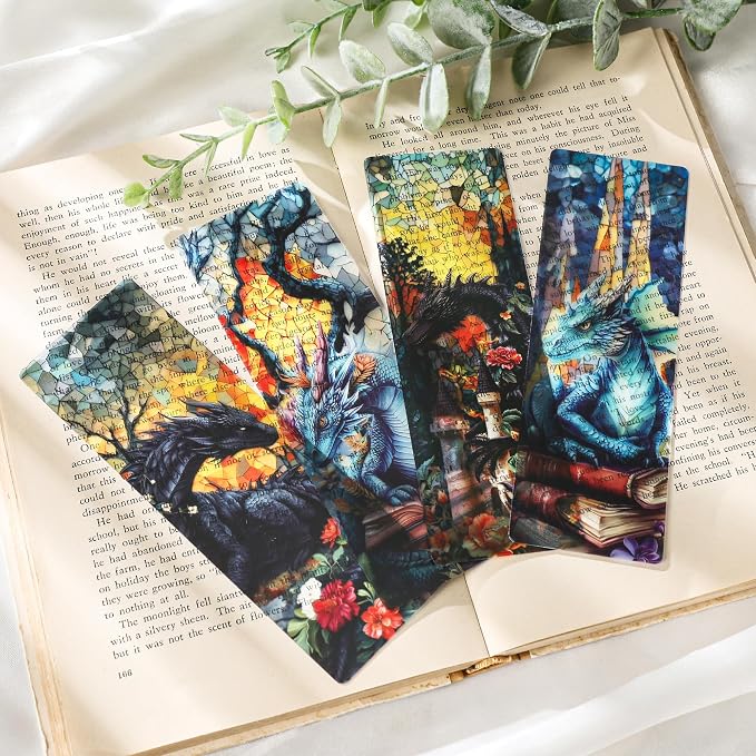 Fantasy Dragon Bookmark Gifts - 10 Pcs Personalized Vintage Stained Glass Bookmarks for Men Women Book Lovers Flower Page Marks School Reading Accessories Bookish Gift for Birthday Christmas
