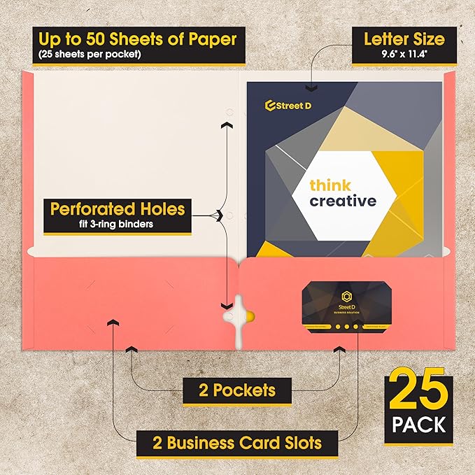 2 Pocket Portfolio Folders, 25 Pack, Trendy Cool Colors, Fits Letter Size Paper, for School, Office, Home, Matte Finish (Peachy Peach)