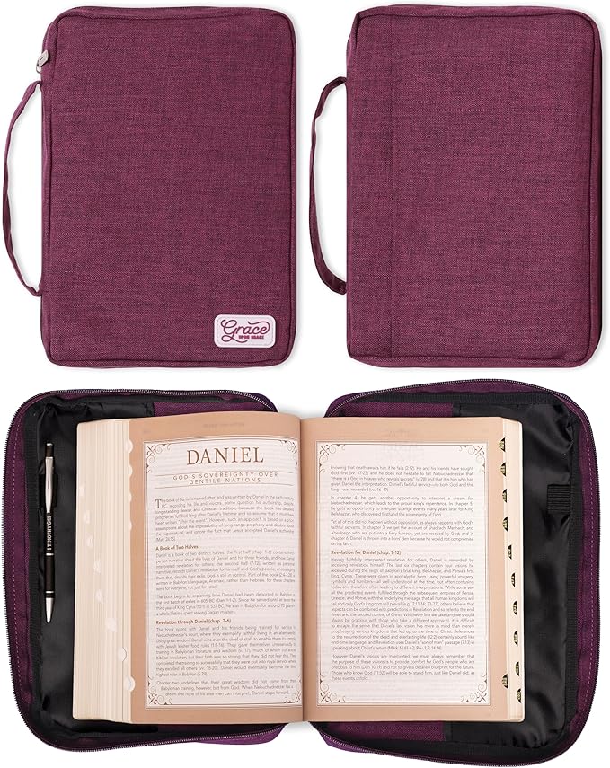 Christian Art Gifts Value Poly-Canvas Bible Cover Case for Women: Grace Upon Grace - John 1:16 Inspirational Scripture w/White Rubber Badge, Pocket, Pen Loops to Organize Accessories, Plum, Large
