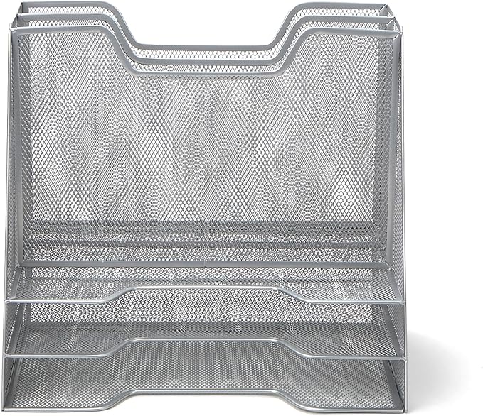 Mind Reader Metal Mesh Desktop File Organizer, 3-Tier Paper Tray with 5 Compartments, Office Mail Sorter, Silver