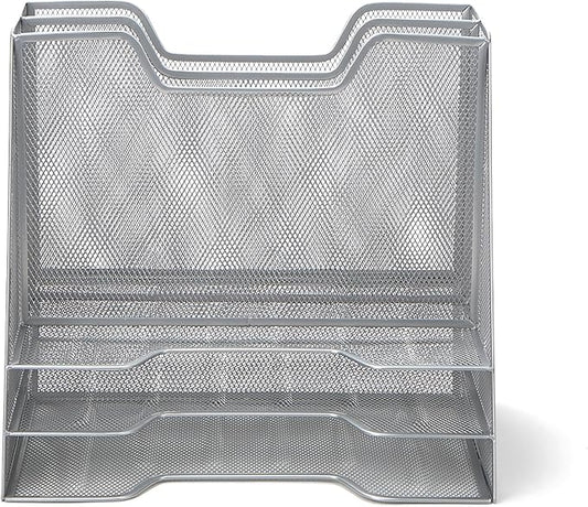 Mind Reader Metal Mesh Desktop File Organizer, 3-Tier Paper Tray with 5 Compartments, Office Mail Sorter, Silver