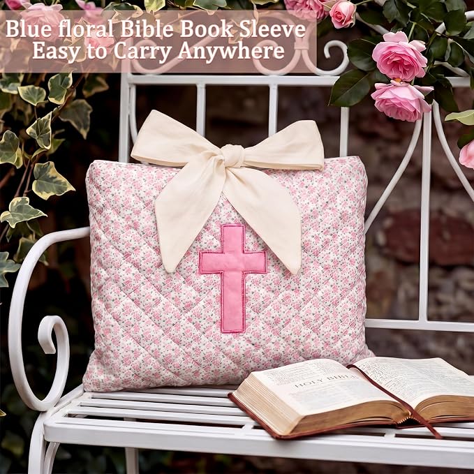Honoson Quilted Bow Bible Sleeve Cover Case Padded Protector Washable Bible Bag Pouch Christian Gift for Women Girls Book Lover Gifts(Pink Floral Cross)