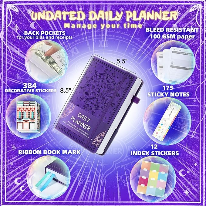 Undated Academic Planner Hardcover (5.5x8.5") - Flexible Weekly & Monthly Organizer with Stickers, Productivity Journal for Students & Professionals(Purple)