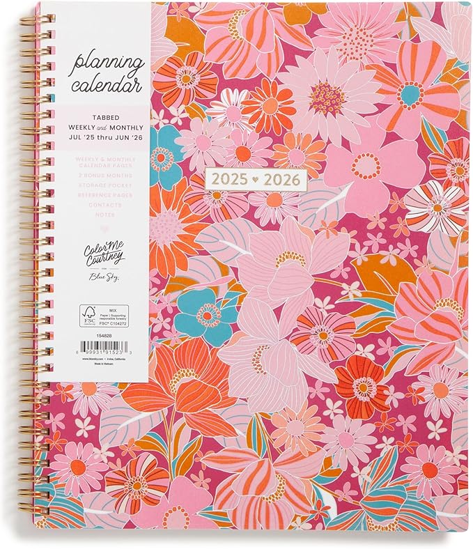 Blue Sky Color Me Courtney 2025-2026 Weekly and Monthly Academic Year Planner Calendar, July 2025 - June 2026, 8.5" x 11", Flexible Cover, Wirebound, Laminated Tabs, Storage Pocket, Bloom Pink