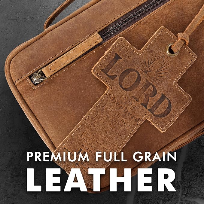 ELIZO Leather Bible Cover for Men Bible Case for Women Zippered Holder Protector Cross Church Tote Bag Carrying Organizer Sleeve Gift Standard Saddle