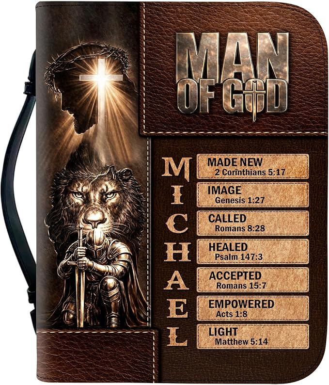 Personalized Man of God Bible Cover, God Says I Am Bible Case PU Leather, Bible Holder Handle Zipper, Faith Scripture with Name Case Bag, Religious Gifts for Church Christians Women Men (05)