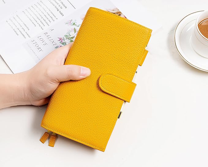 Genuine Leather Cover for Hobonichi Weeks/Weeks Mega with Pen Loop, Card Slots, Back Pocket, and Bookmarks (Yellow)