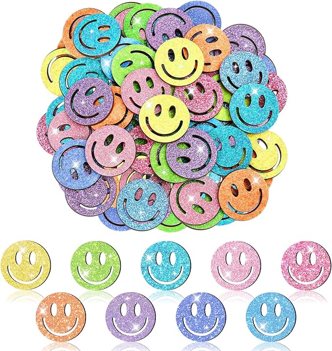 FYSUIMU 45 Pcs Glitter Smile Extra Tokens for Reward Jar Colorful Happy Face Wooden Cutouts Tokens with Linen Pocket for Back to School Classroom Student Teacher