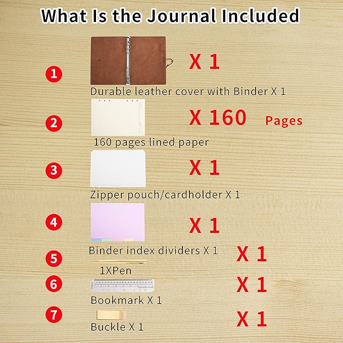 WONDERPOOL Leather Journal A5 Refillable 6 Ring Binder Notebook with Lined Paper and Pen,Writing Diary for Work Travel and Agenda Plan (A5, Brown)