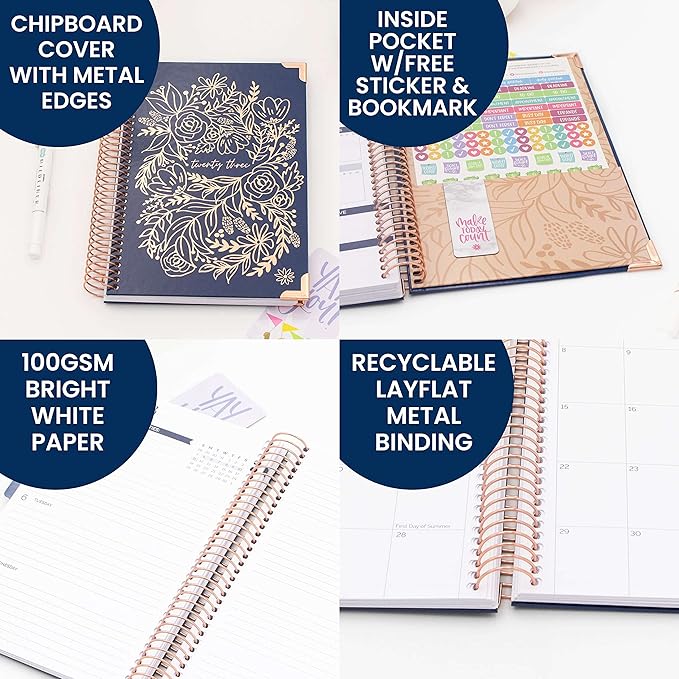 HARDCOVER bloom daily planners 2023 Calendar Year Day Planner (January 2023 - December 2023) - Passion/Goal Organizer - Monthly & Weekly Inspirational Agenda Book - 5.5" x 8.25" - Navy Embroidery