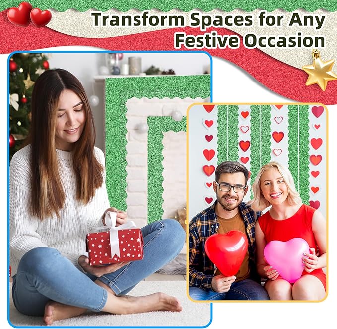 3 Rolls 98.4 Ft Glitter Bulletin Board Borders Set - Dark Green Bulletin Board Decor for Classroom, Office, School Supplies & Home DIY - Perfect for Teachers, Posters & Birthday Decor (Green)