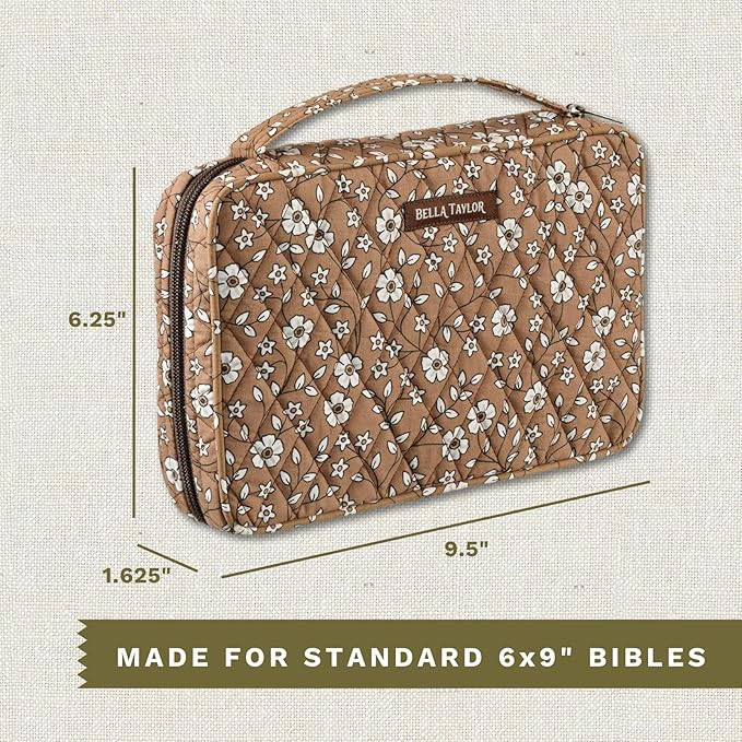 Bella Taylor Small Bible Cover for Women - Quilted Cotton Bible Case for 6 x 9 inch Books - Vintage Vine Brown