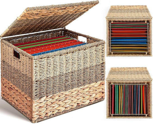 Cinnvoice Extra Large Decorative File Box 18 x 16 x 13 in Wicker Seagrass File Basket Organizer for Letter Legal Size Hand Woven Hanging Filing Cabinet with Lid for Office Water Hyacinth, Tricolor