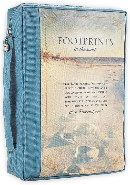 Christian Art Gifts Men/Women's Bible Cover Footprints, Blue Canvas, XL