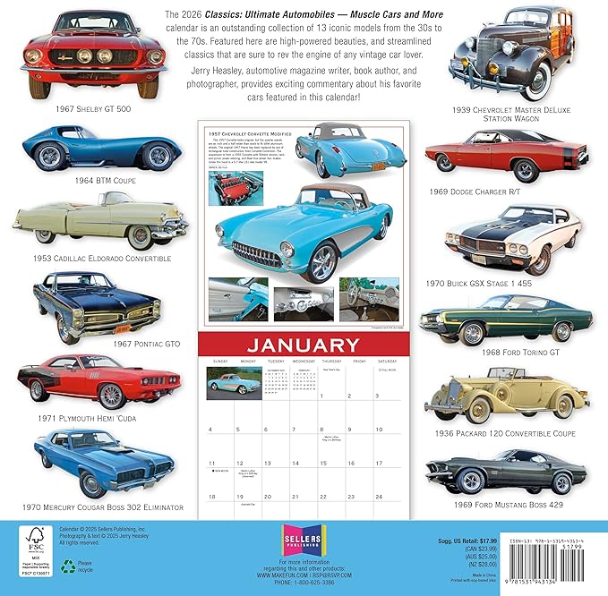 Classics 2026 Wall Calendar: Ultimate Automobiles, Muscle Cars and More, 12" x 12", 2026 Monthly Calendar with Large Grids for Home or Office, Vintage Car Theme