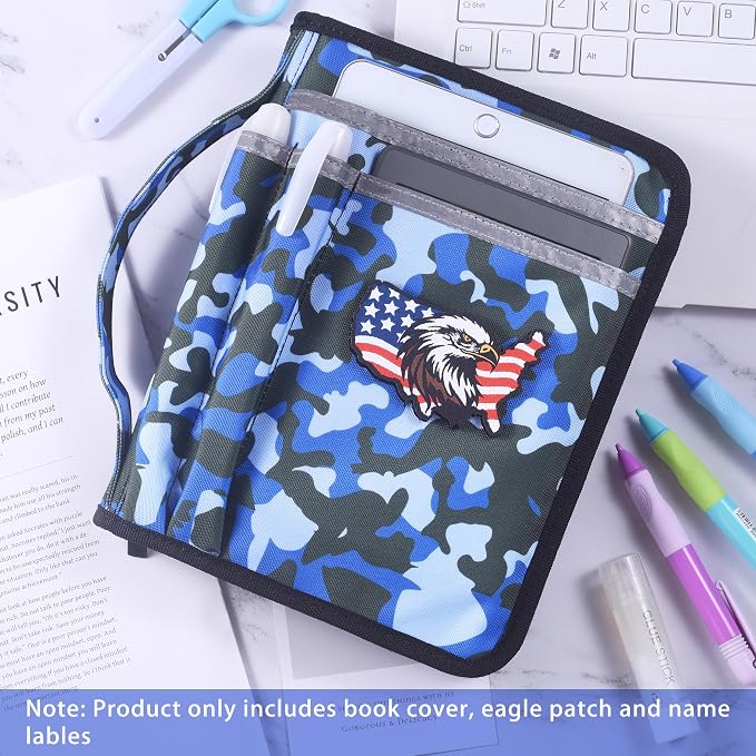 LParkin Blue Camo Scouts Book Cover for Handbook 14th Edition, Boy Camo Waterproof Protective Sleeve with Eagle Patch & 32 Name Labels, Gifts for Boy and Girl Scouts