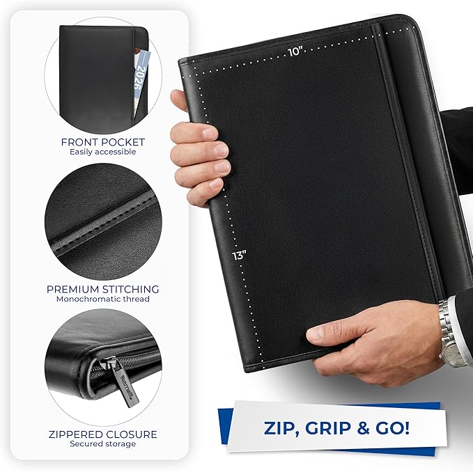 Samsill Professional Padfolio with Secure Zippered Closure, 10.1 Inch Tablet Sleeve, and 8.5 by 11 Inch Notepad, Black, Full Size (70820)