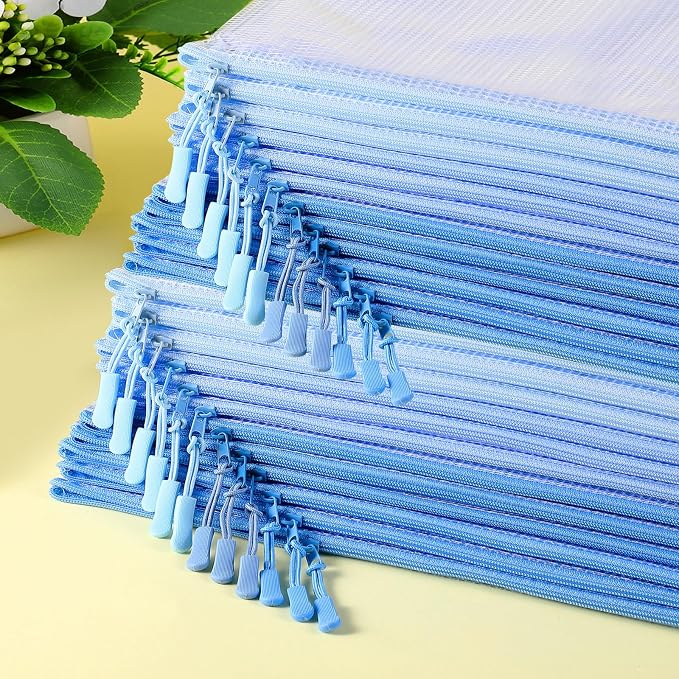 Feifeiya 24 Pack Blue Mesh Zipper Pouch Bags, A4 Size Clear Mesh Zipper Storage Bags Bulk for School Office Organization