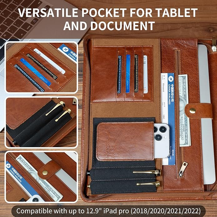 YIWEN Handmade Leather Portfolio with Handle – Zippered Front Pocket, Clip for Letter Size Notepad, Business Travel Padfolio
