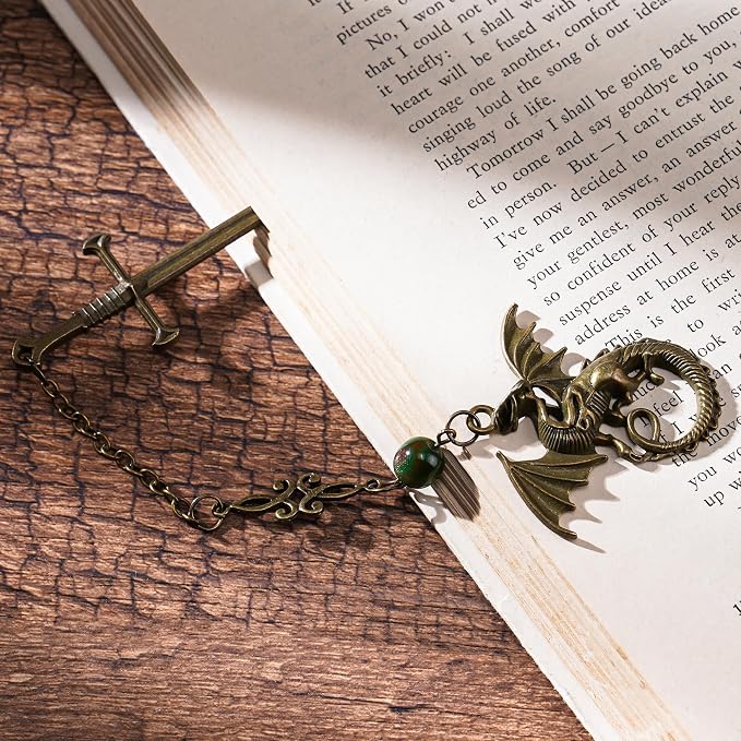 Fourth Wing Sward Bookmark - Fantasy Cool Dragon Page Mark Reading Men Boys Kids Unique Tassel Metal Antique Green Bookmarks for Book Club Students Teachers School Supplies Birthday Gifts