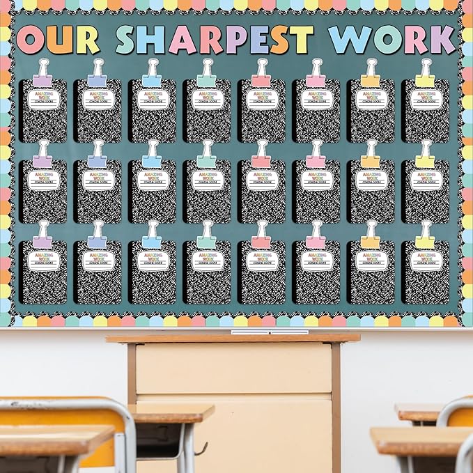 JarThenaAMCS Student Work Display Bulletin Board Decoration Set Composition Notebook Clips Inspirational Paper Cutouts for Back to School Classroom Chalkboard Wall Decor Teacher Supplies