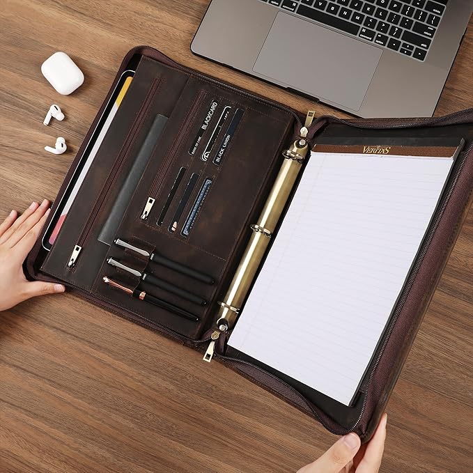 Genuine Leather Portfolio, 3 Ring Binder Padfolio, 11"×14" Padfolio Organizer, Professional Business Portfolio Binder for Men and Women