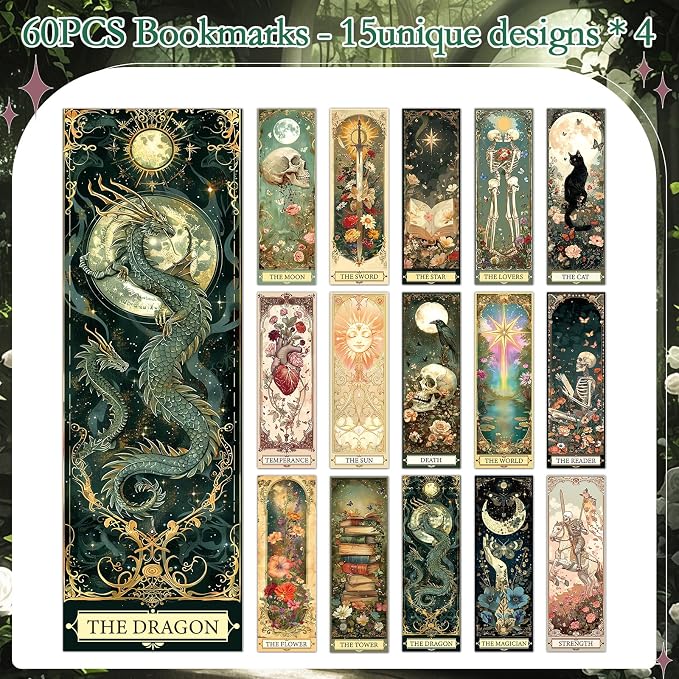 Wxiben Tarot Cards Bookmarks Gifts - 60 Pcs Fantasy Skull Bookmarks for Women Dark Romance Book Marks Moon Owl Butterfly Book Markers Page Marker Clip for Students Teachers Bookish Book Lovers Reading