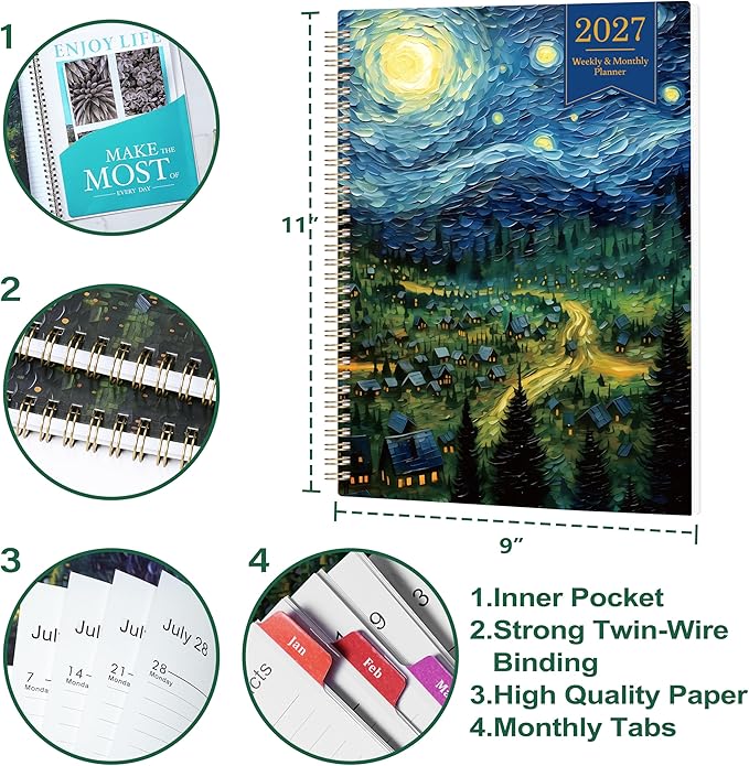 2027 Planner - 2027 Planner Weekly and Monthly, Planner 2027, Jan 2027 - Dec 2027, 8.5" x 11", Monthly Planners with Colourful Tabs & Pocket, Flexible Cover, Twin-Wire Binding- Oil Painting