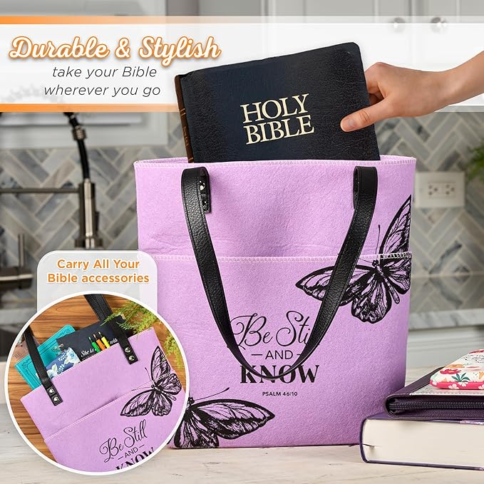 Christian Art Gifts Felt and Faux Leather Fashion Butterfly Cover Tote Bag for Women: Be Still and Know - Psalm 46:10 Inspirational Bible Verse, Purple & Black Durable Tote Bag for Books and Supplies
