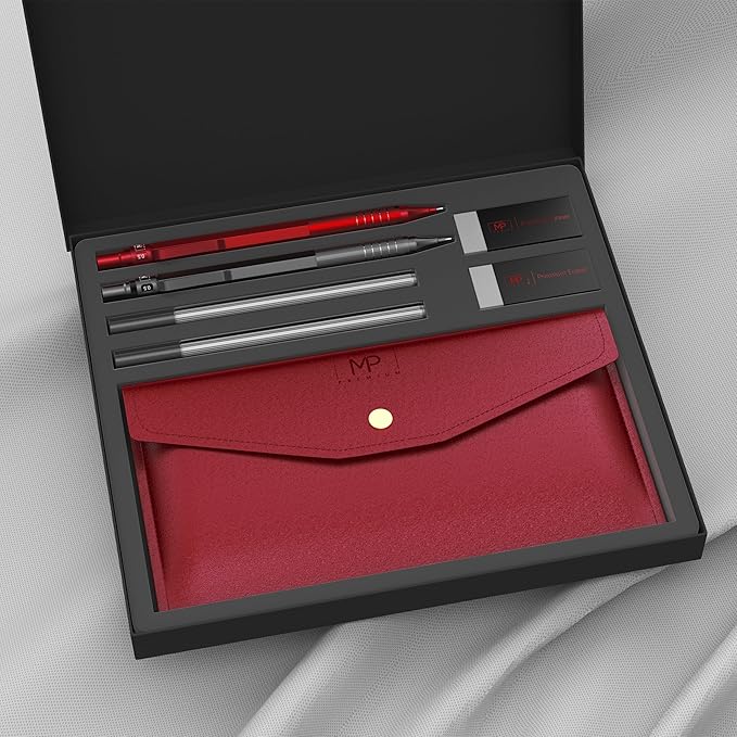 Mr. Pen- 0.5mm Metal Mechanical Pencil Set with Lead Refills & Erasers, 2 Pack, 2x Tubes Lead Refill, 2x Erasers, Red Faux Leather Pencil Case for School Supplies, Note Taking, Drawing, Sketching