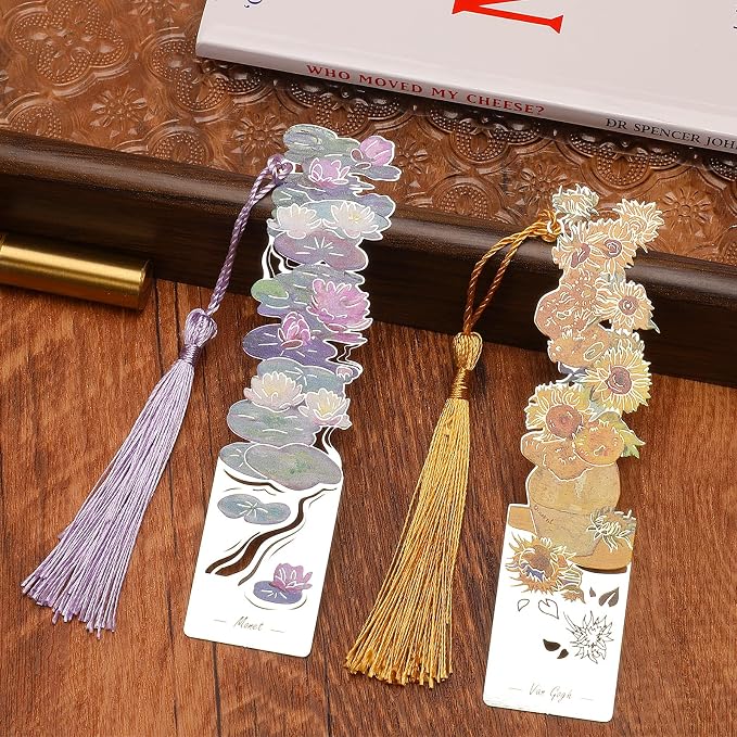 2 PCS Metal Bookmarks with Tassel, Pretty Women's Bookmarks - Water Lilies and Sunflowers Design (BKM-046-001)