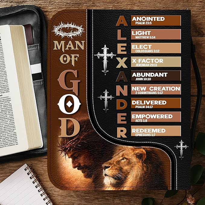 Custom Leather Bible Cover with Name – Personalized Bible Case for Women Zippered with Handle, Bookmark & Storage Pockets, Christian Gift for Mom, Daughter, Grandma (Man - God Says You are, M-2XL)