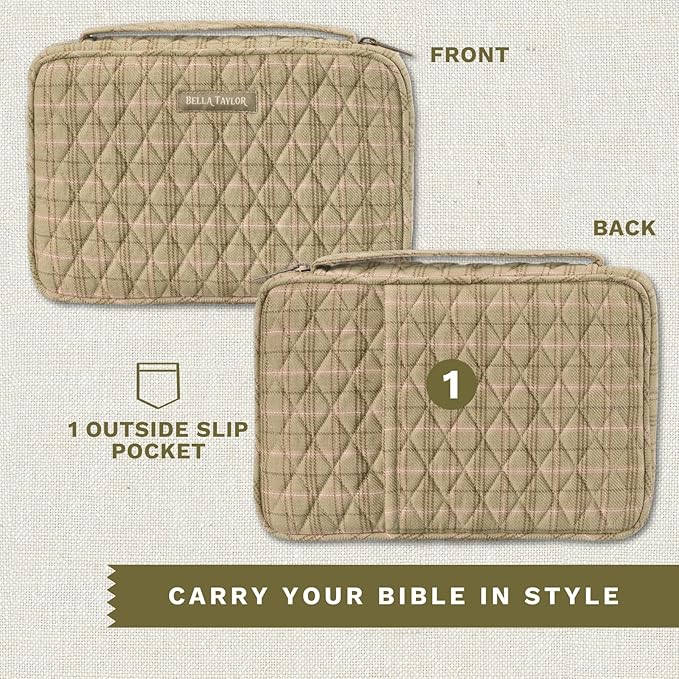 Bella Taylor Small Bible Cover for Women - Quilted Cotton Bible Case for 6 x 9 inch Books - Willow Plaid