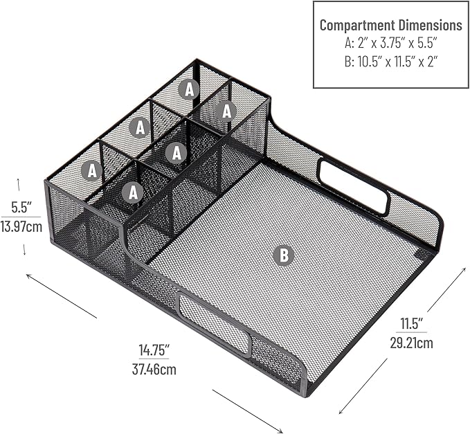 Mind Reader Desktop Organizer, File Storage, Accessory Storage, Workspace, Office, Metal Mesh, 11.5" L x 14.75" W x 5.5" H, Black