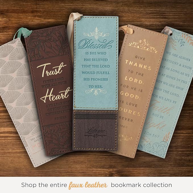 Christian Art Gifts Vegan Faux Leather Scripture Bookmark for Women: Blessed is She - Luke 1:45 Inspirational Bible Verse Heat-Debossed, Faith-Based Reading Book Accessory w/Ribbon Satin Tassel, Blue
