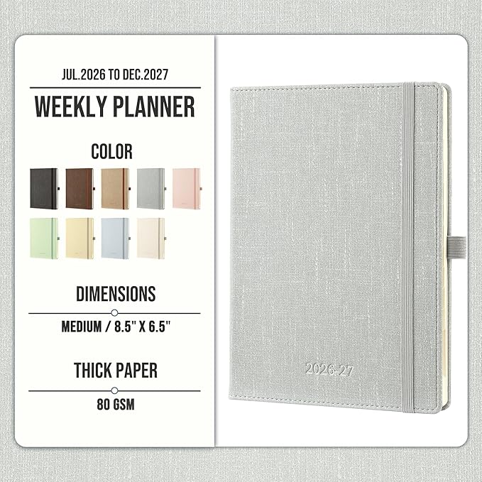 Planner 2026-2027 Weekly & Monthly Planner, 18 Month Academic Calendar July 2026 – Dec 2027, Horizontal Layout with Monthly Tabs, Textured Fabric Hardcover, Silver