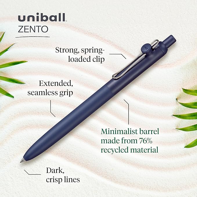 uniball Zento Liquid Gel Ink Retractable Pens, Medium Point (0.7mm), Muted Barrels, Black Ink, Dozen (Pack of 144)